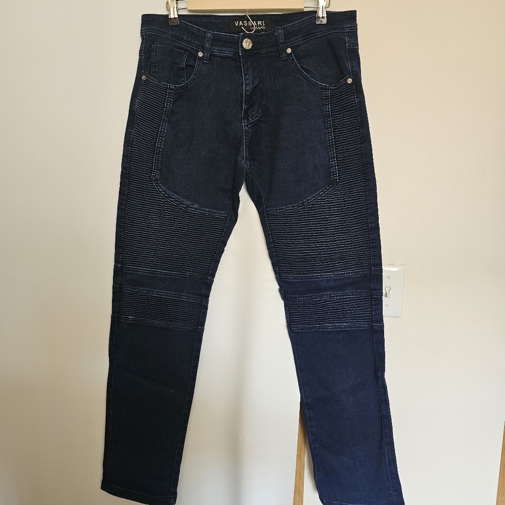 Mens Vassari Los Angeles Dark Blue Jeans Motocore Size 34 ribbed detailing